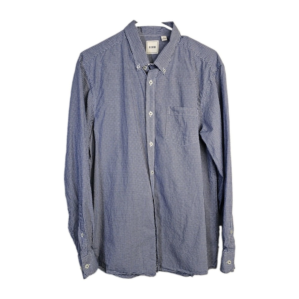 ROWM Navy White Plaid Mens Large Button Down Classic Cotton Long Sleeve Shirt